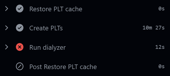 The Run dialyzer step failed, and the PLTs aren’t saved to the cache.