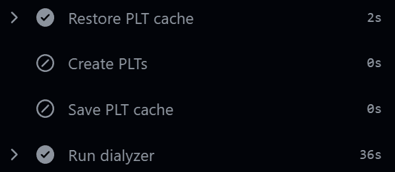 Dilating GitHub Actions using Dialyzer Success! The PLTs were restored from the cache, and we shaved about 10 minutes off our CI time.