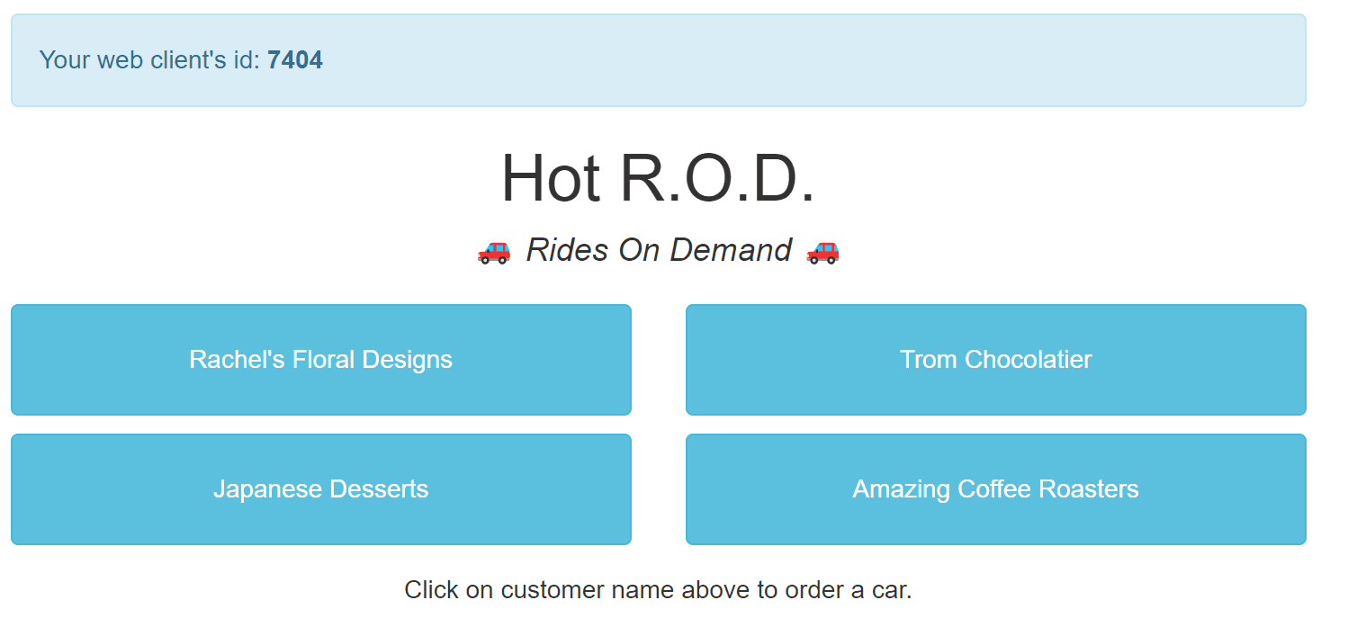 Observability in Kubernetes With Jaeger The Hot R.O.D frontend, ready to order rides.